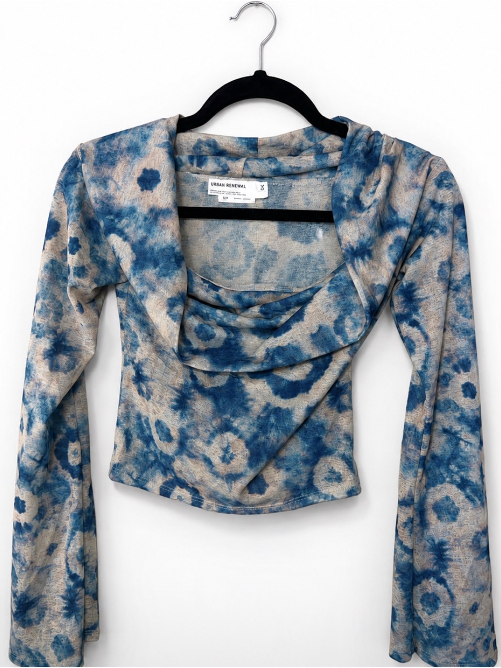 Urban Renewal Blue and Cream Tie-Dye Cowl Neck Long Sleeve Top Small Y2K